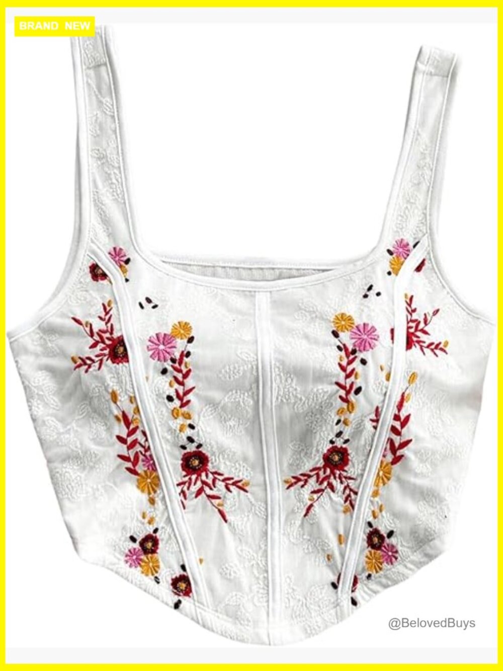 Vintage Floral Embroidered Square Neck Crop Tank Bustier Corset Boho Top